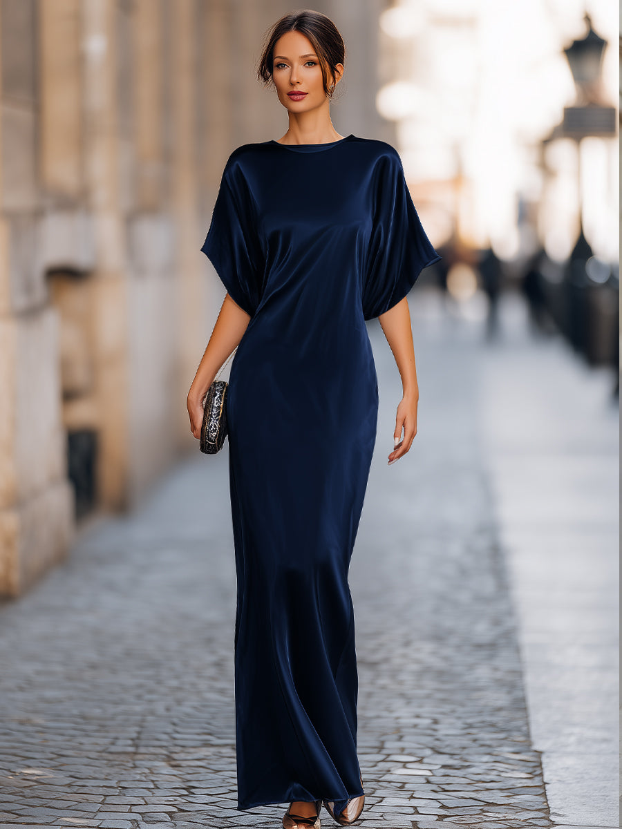 Noori Collections Navy Blue Batwing Sleeve Column Maxi Dress