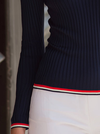 Noori Collections Navy Blue Striped Polo Knit Sweater