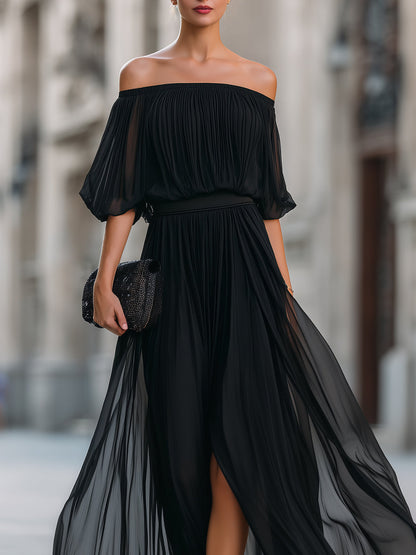 Noori Collections Off-Shoulder Pleated Chiffon Maxi Dress