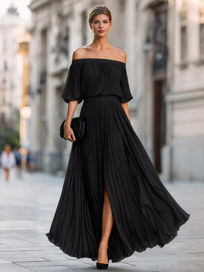 Noori Collections Off-Shoulder Pleated Chiffon Maxi Dress