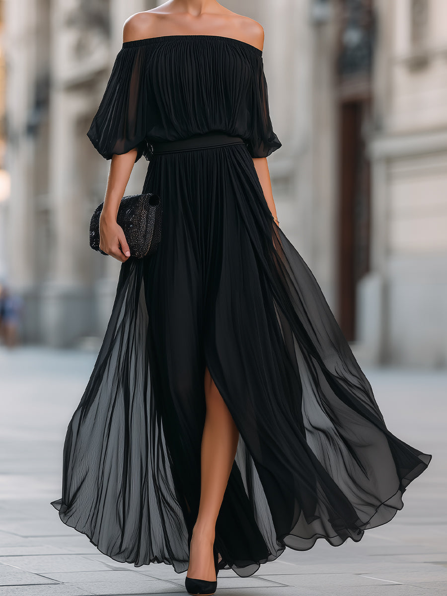 Noori Collections Off-Shoulder Pleated Chiffon Maxi Dress
