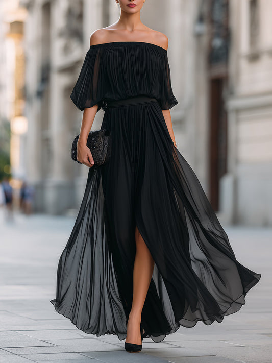 Noori Collections Off-Shoulder Pleated Chiffon Maxi Dress