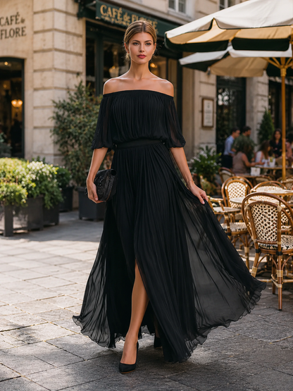 Noori Collections Off-Shoulder Pleated Chiffon Maxi Dress
