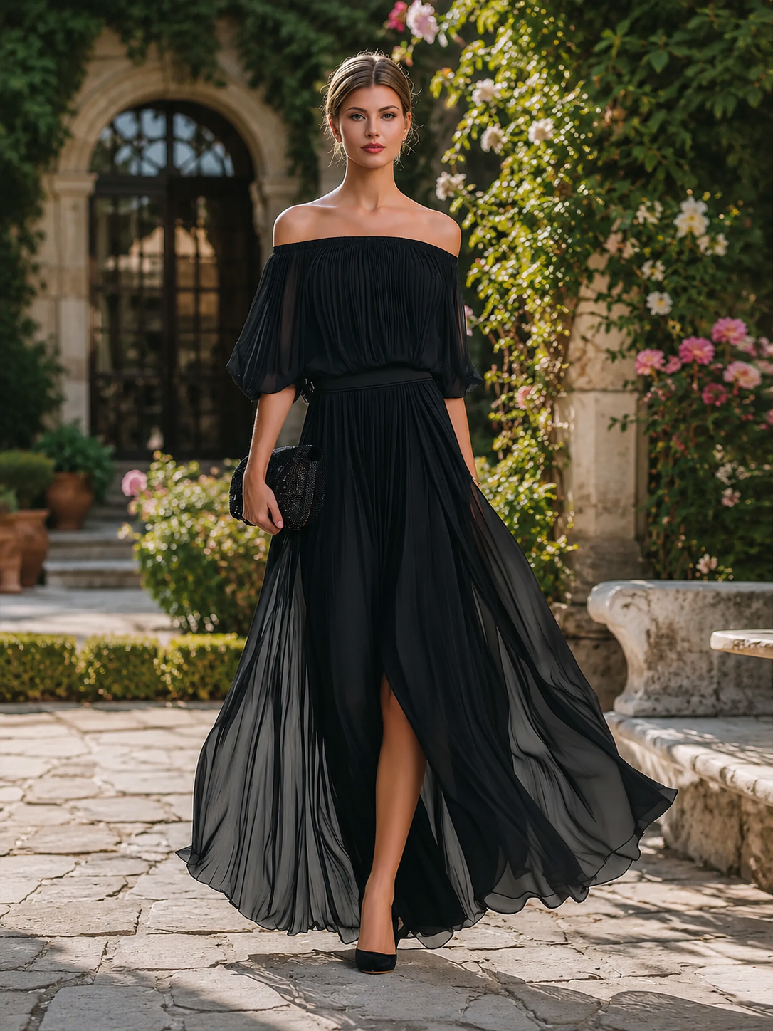 Noori Collections Off-Shoulder Pleated Chiffon Maxi Dress