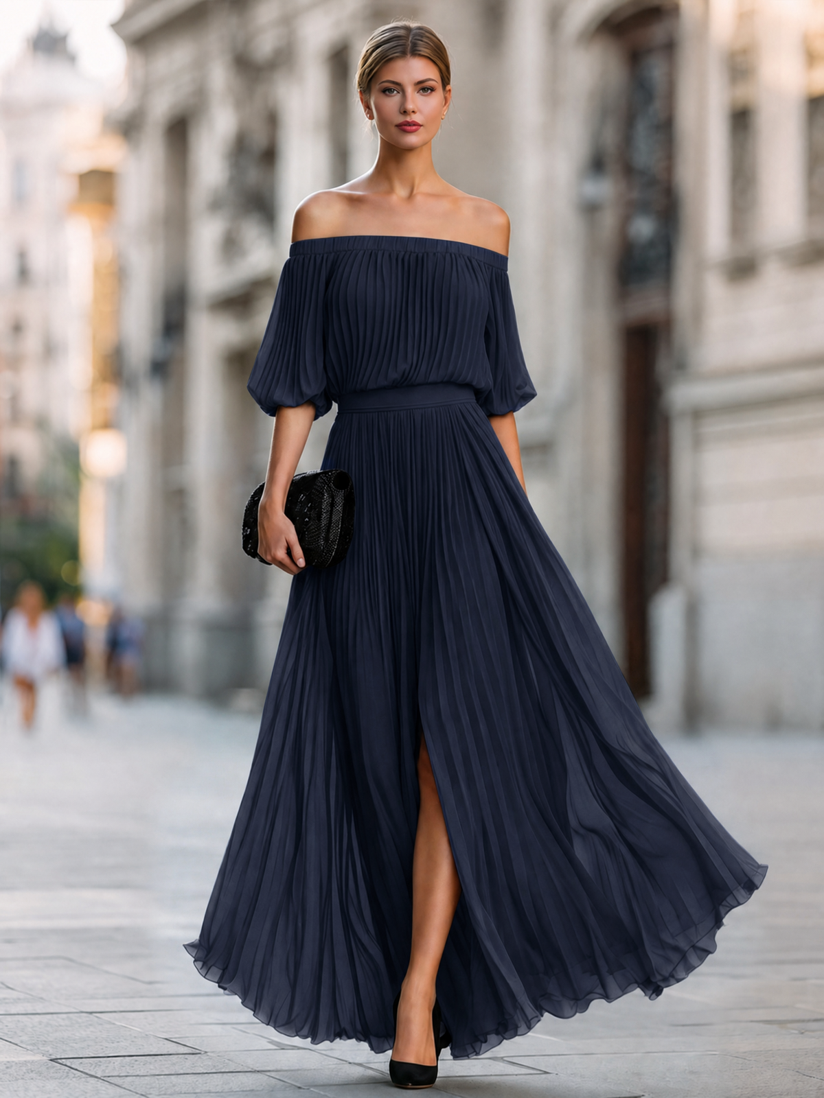 Noori Collections Off-Shoulder Pleated Chiffon Maxi Dress