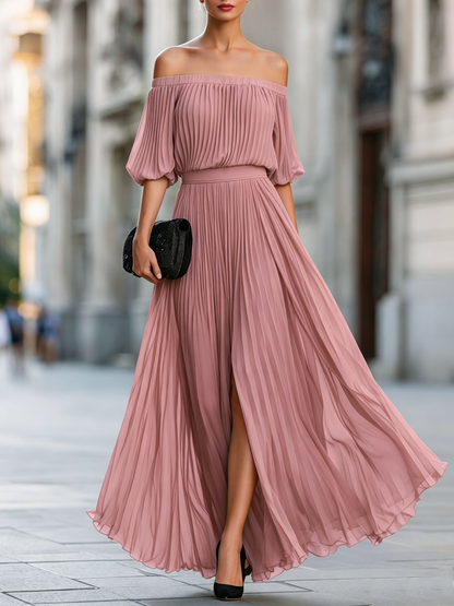 Noori Collections Off-Shoulder Pleated Chiffon Maxi Dress