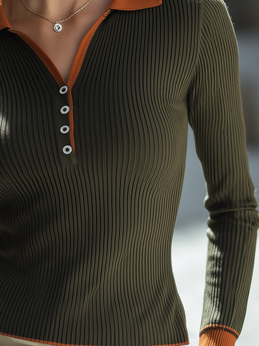 Noori Collections Olive Rust Collar Ribbed Knit Polo Top
