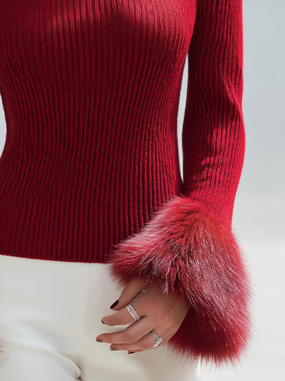 Noori Collections Red Faux Fur Cuff Boat-Neck Knit Sweater