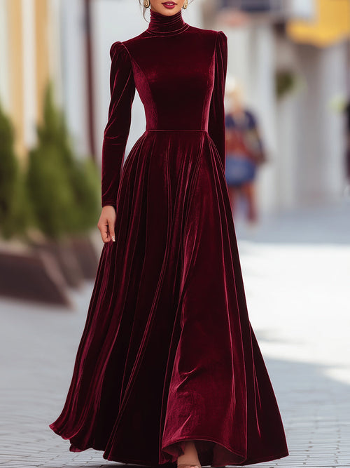 Noori Collections Velvet High Neck Long Sleeve Evening Gown