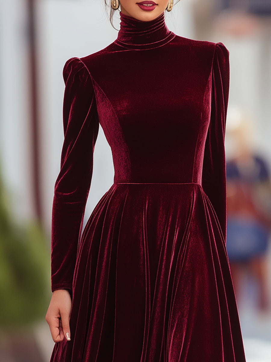 Noori Collections Velvet High Neck Long Sleeve Evening Gown