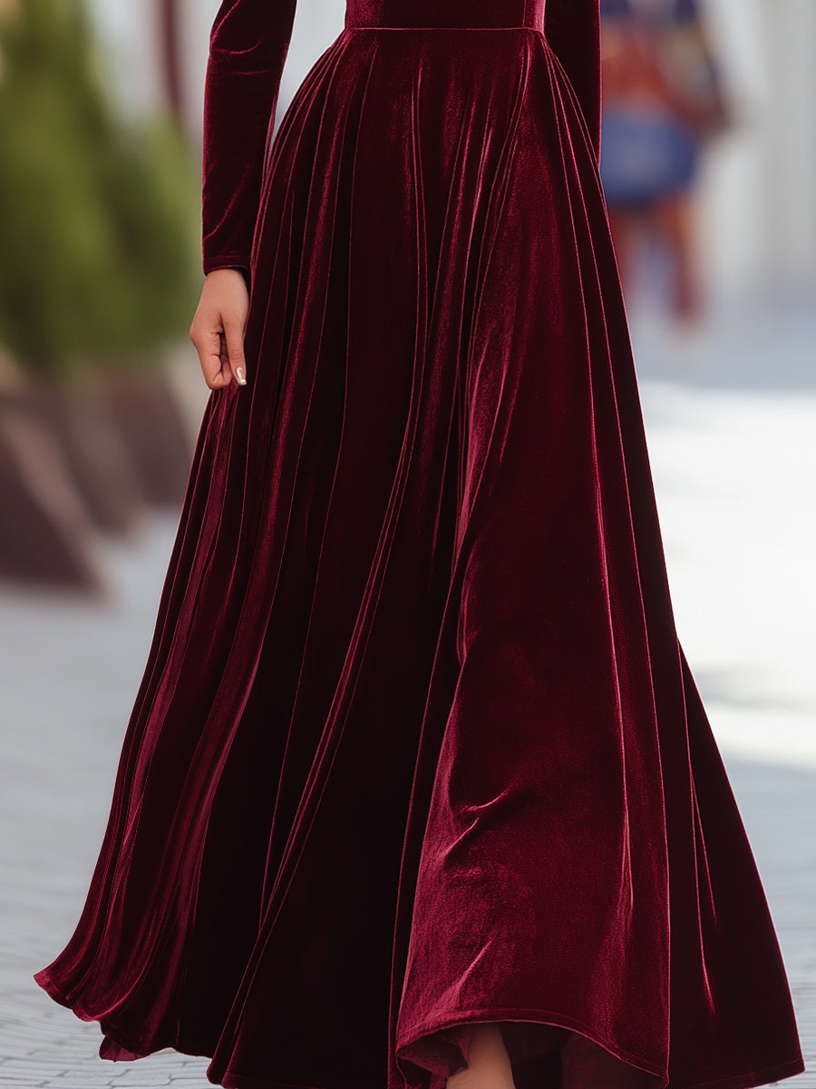 Noori Collections Velvet High Neck Long Sleeve Evening Gown
