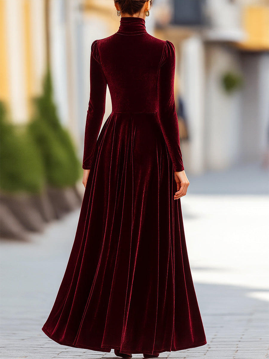 Noori Collections Velvet High Neck Long Sleeve Evening Gown