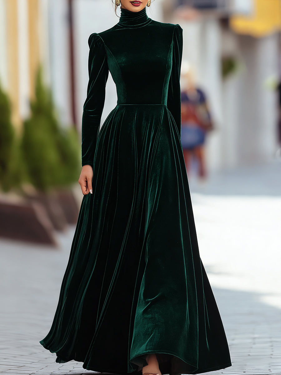 Noori Collections Velvet High Neck Long Sleeve Evening Gown