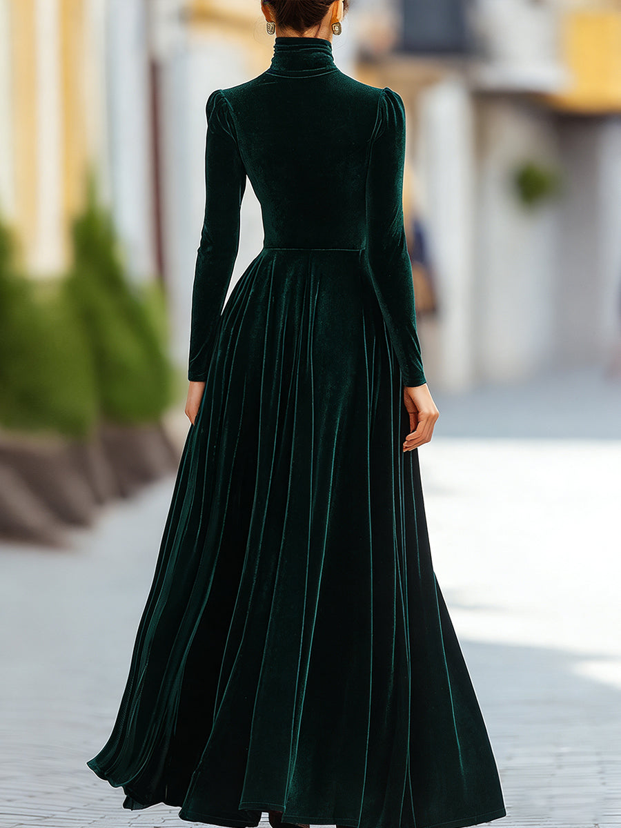 Noori Collections Velvet High Neck Long Sleeve Evening Gown