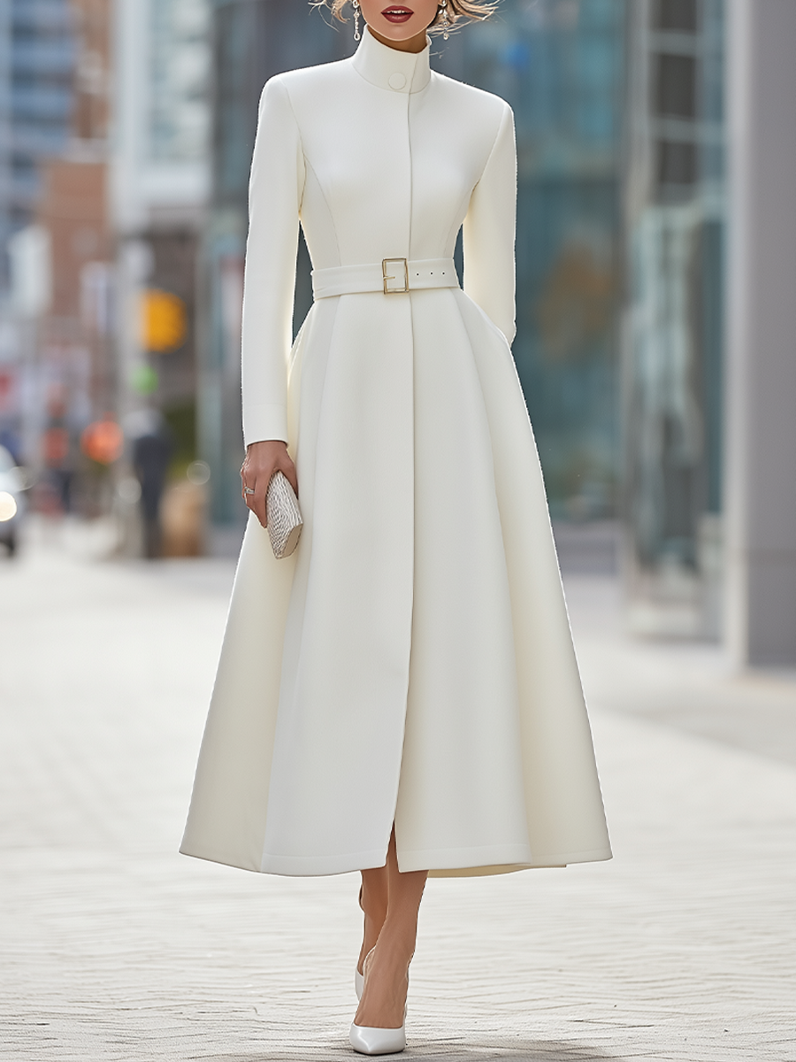 Noori Collections White Belted Stand Collar Midi Coat Dress