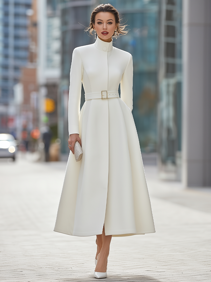 Noori Collections White Belted Stand Collar Midi Coat Dress
