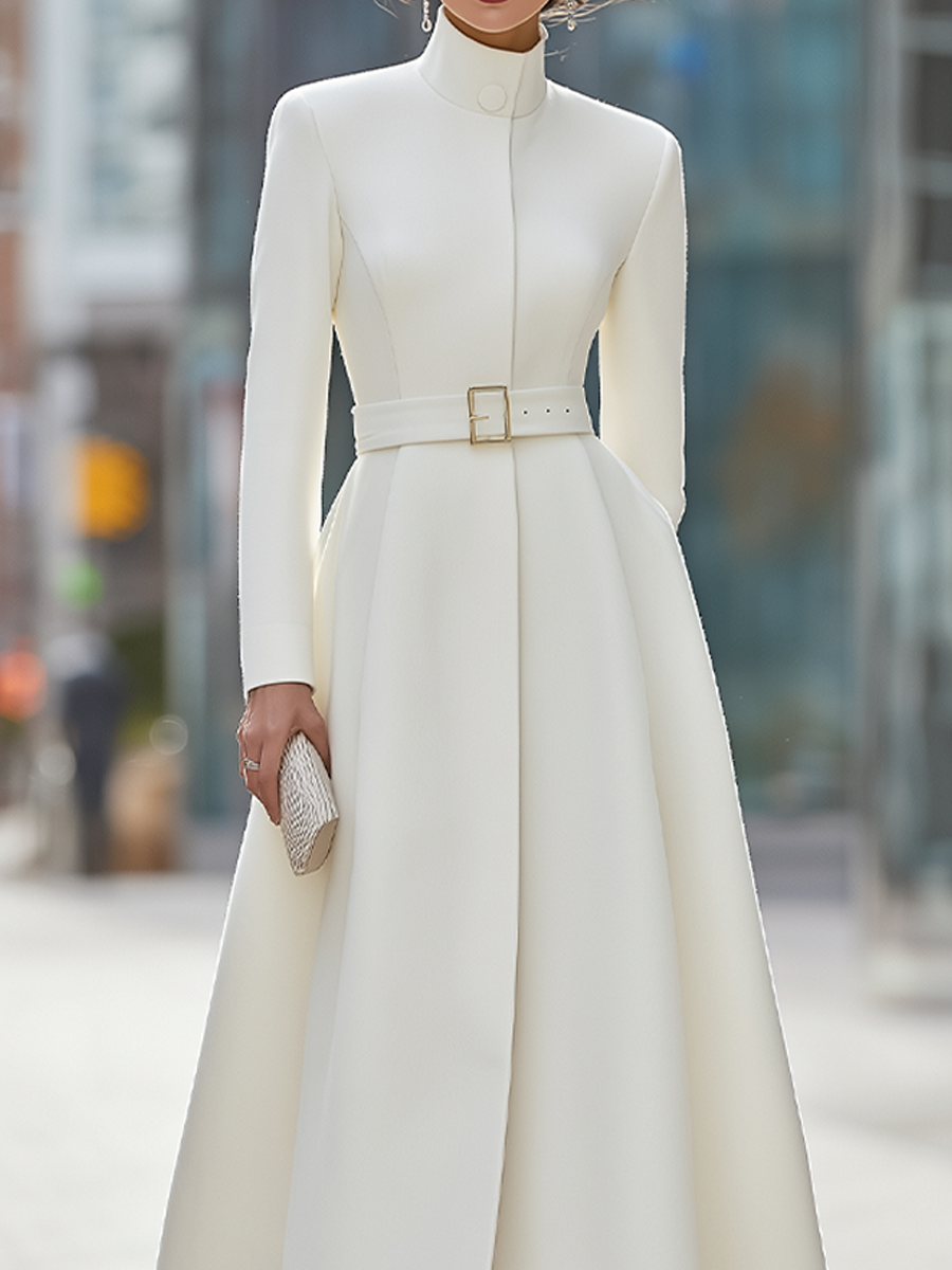 Noori Collections White Belted Stand Collar Midi Coat Dress