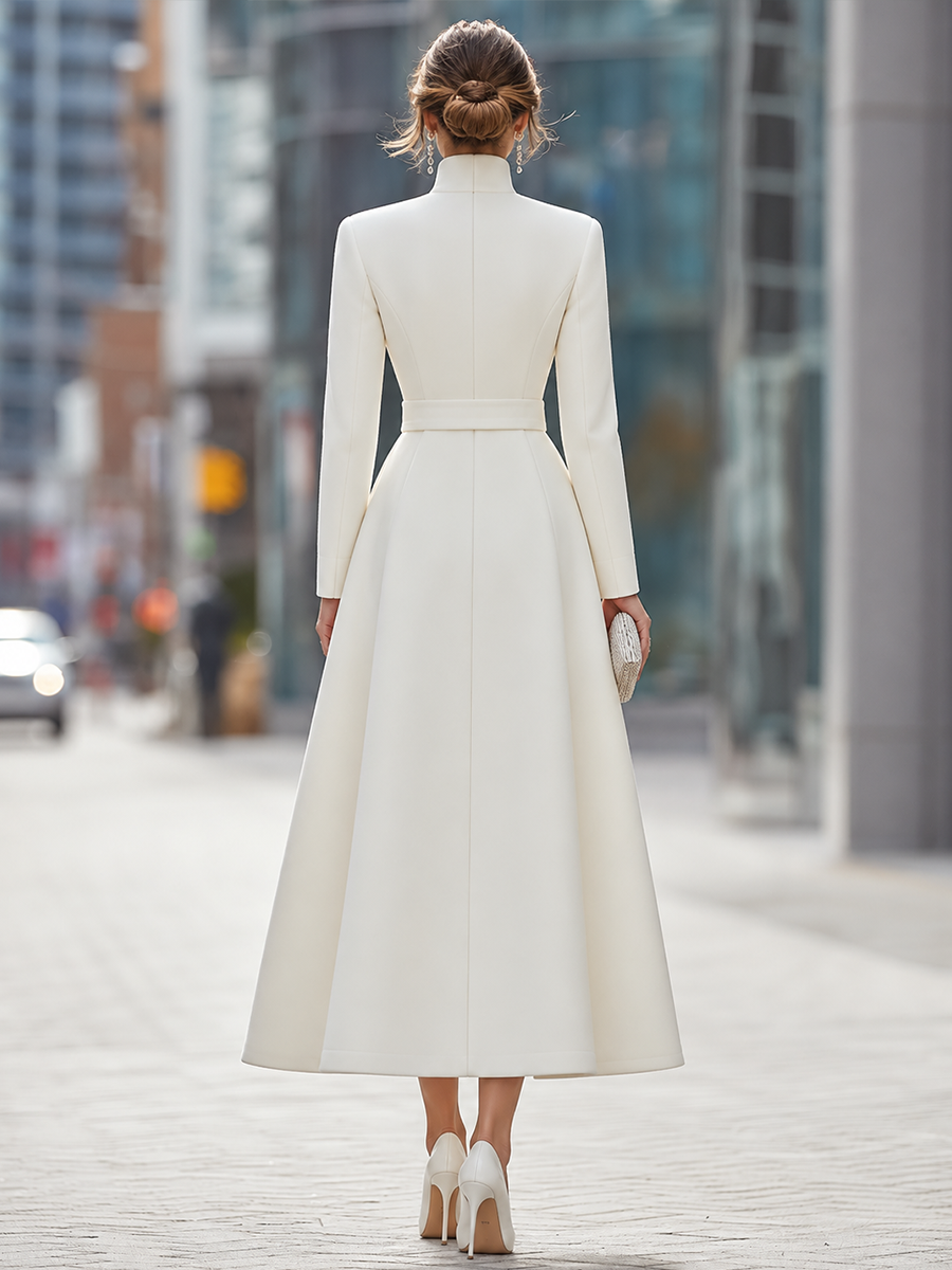 Noori Collections White Belted Stand Collar Midi Coat Dress