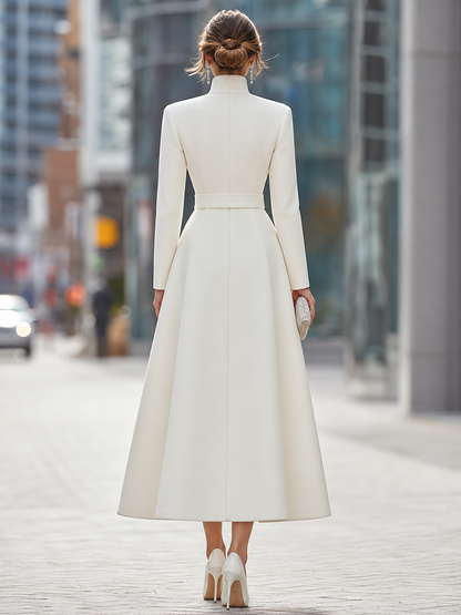 Noori Collections White Belted Stand Collar Midi Coat Dress