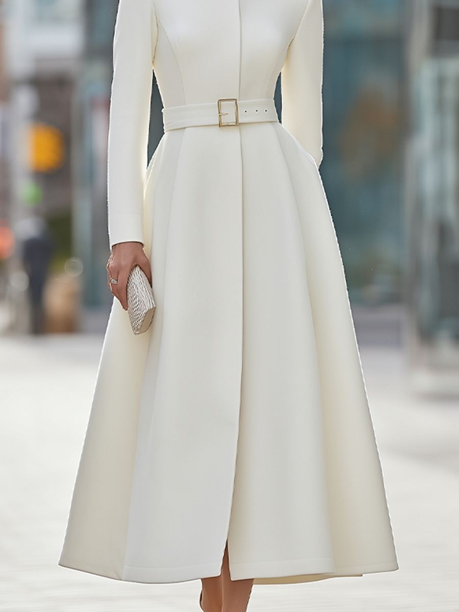 Noori Collections White Belted Stand Collar Midi Coat Dress