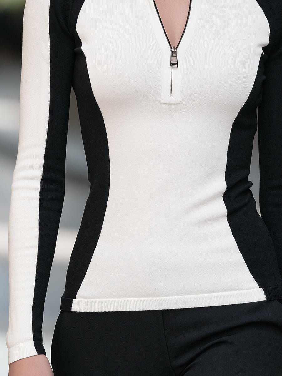 Noori Collections White Black Colour-Block Half-Zip Knit Top
