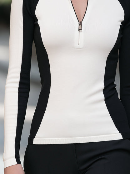 Noori Collections White Black Colour-Block Half-Zip Knit Top