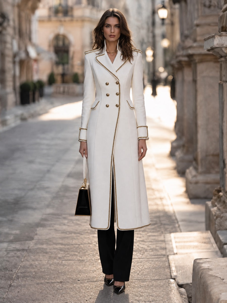 Noori Collections White Braid Trim Military Maxi Coat