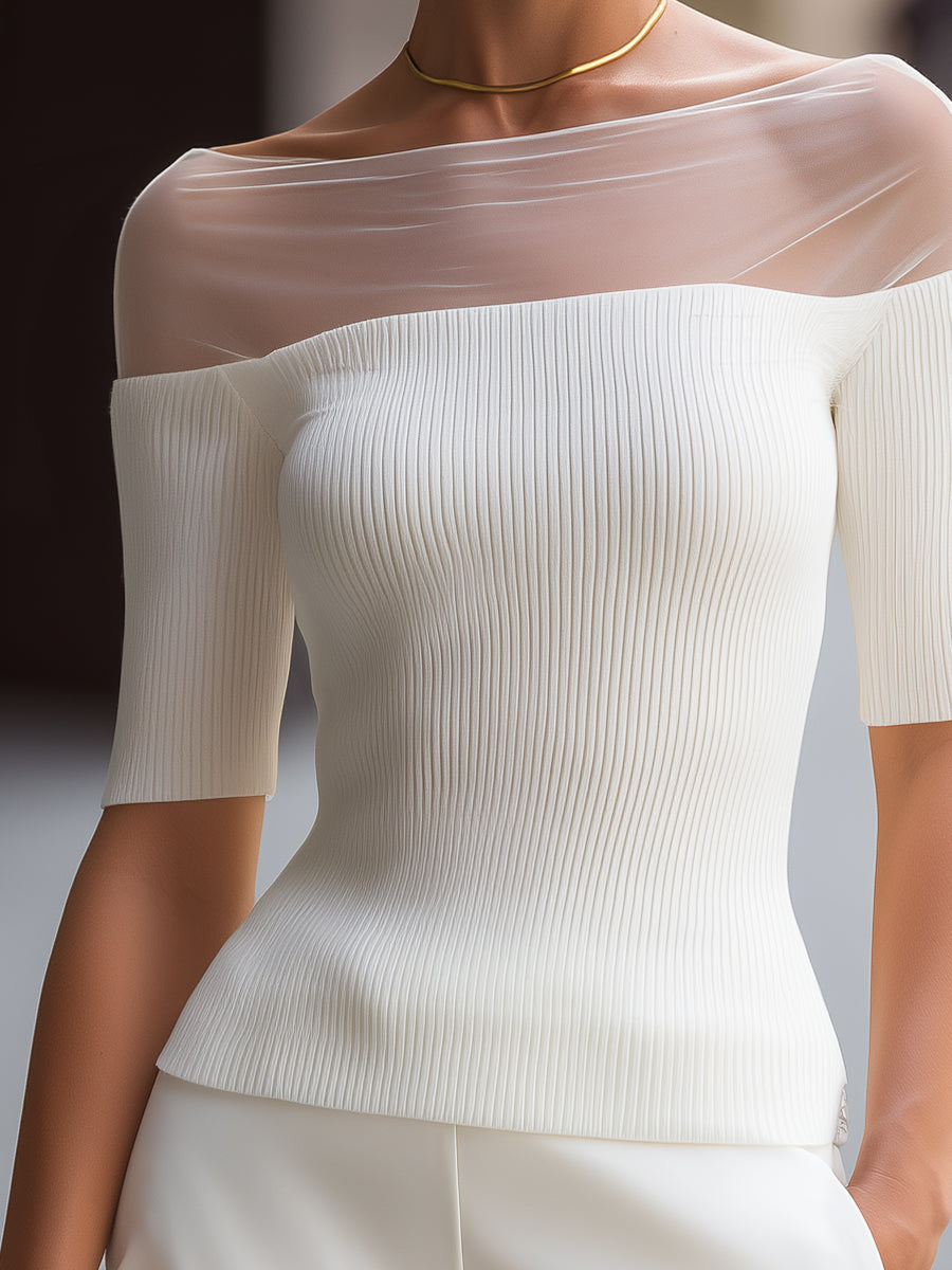 Noori Collections White Illusion Boat-Neck Ribbed Knit Top