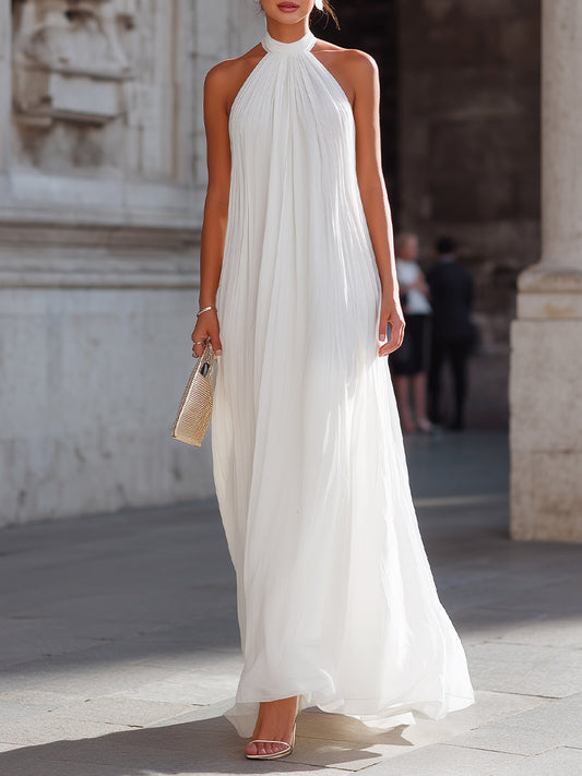 Noori Collections White Pleated Halter Neck Maxi Dress